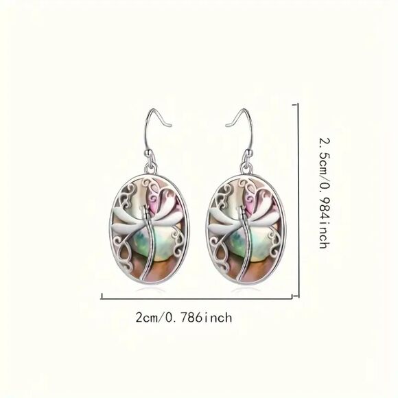 Oval Carved Silver Dragonfly Dangle Earrings Vtg Style Pendant Drop Boho New - Picture 3 of 5